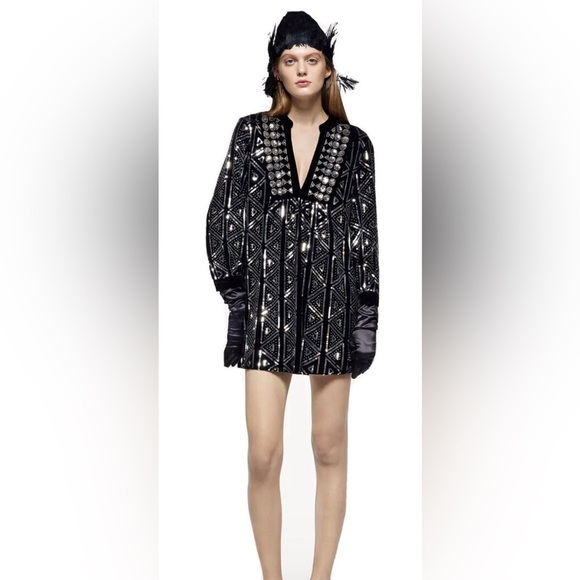 ZARA LIMITED EDITION SEQUINED VELVET V-NECK, MINI DRESS, BLACK, SIZE XS - Picture 1 of 6